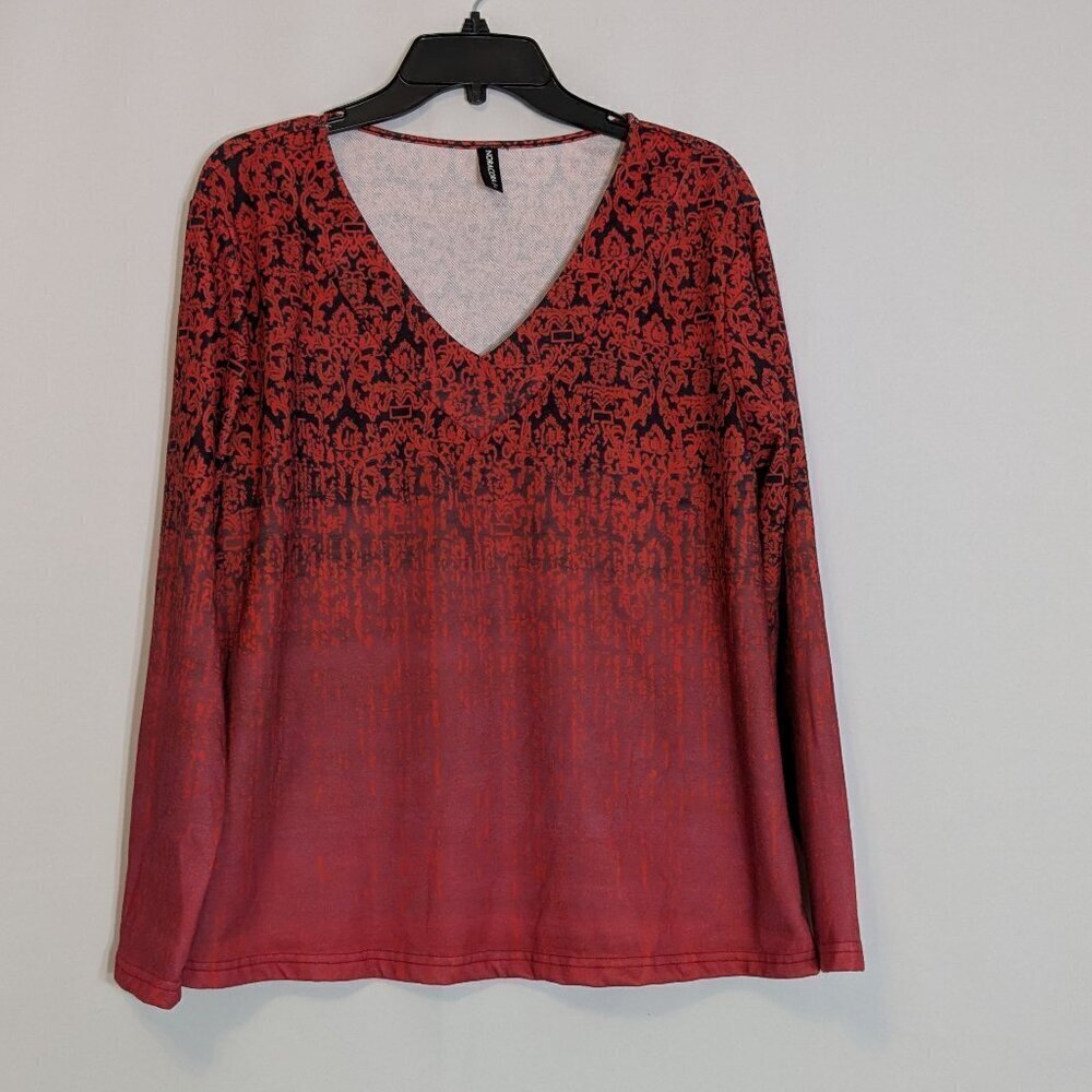 NORACORA Red Ombre Long Sleeve Double Knit Jersey Pullover Top; Size XL